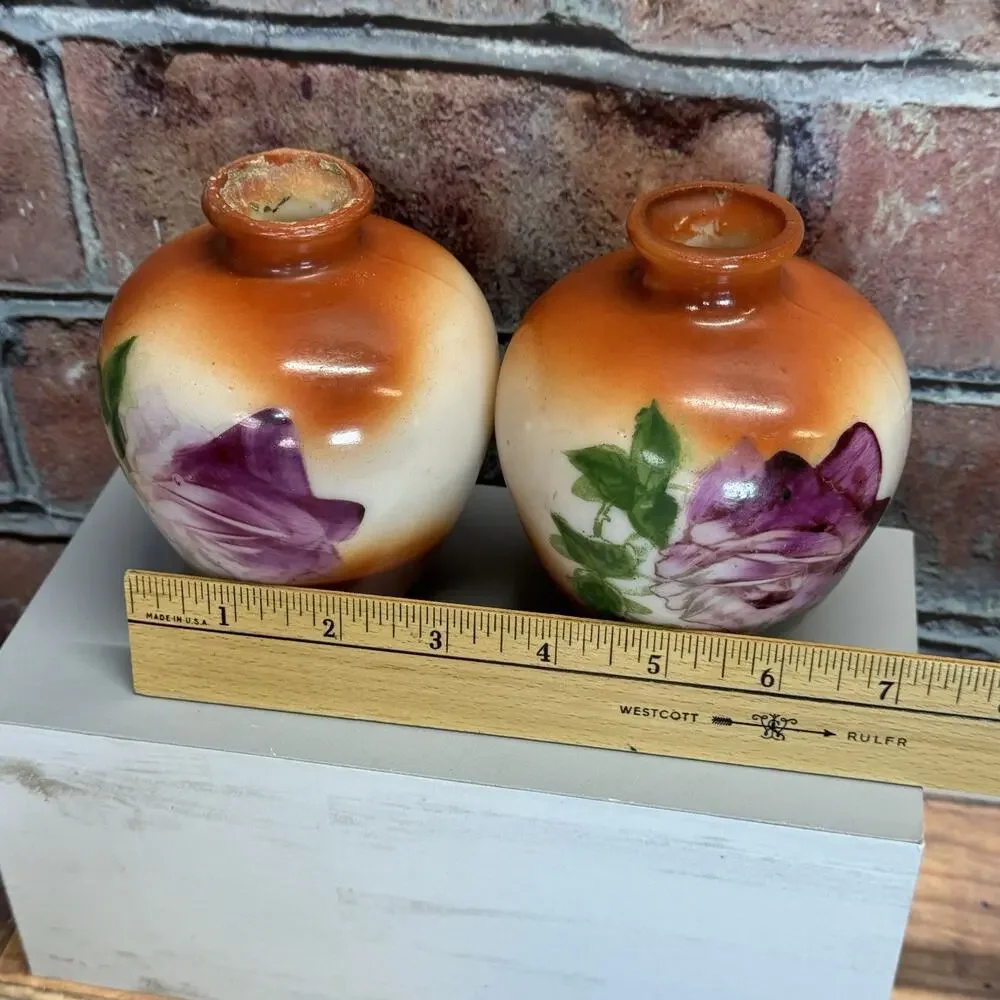 Set of 2 Antique 1900-1920's Fostoria Milk Glass Bulbous Vases Hand-Painted Rose